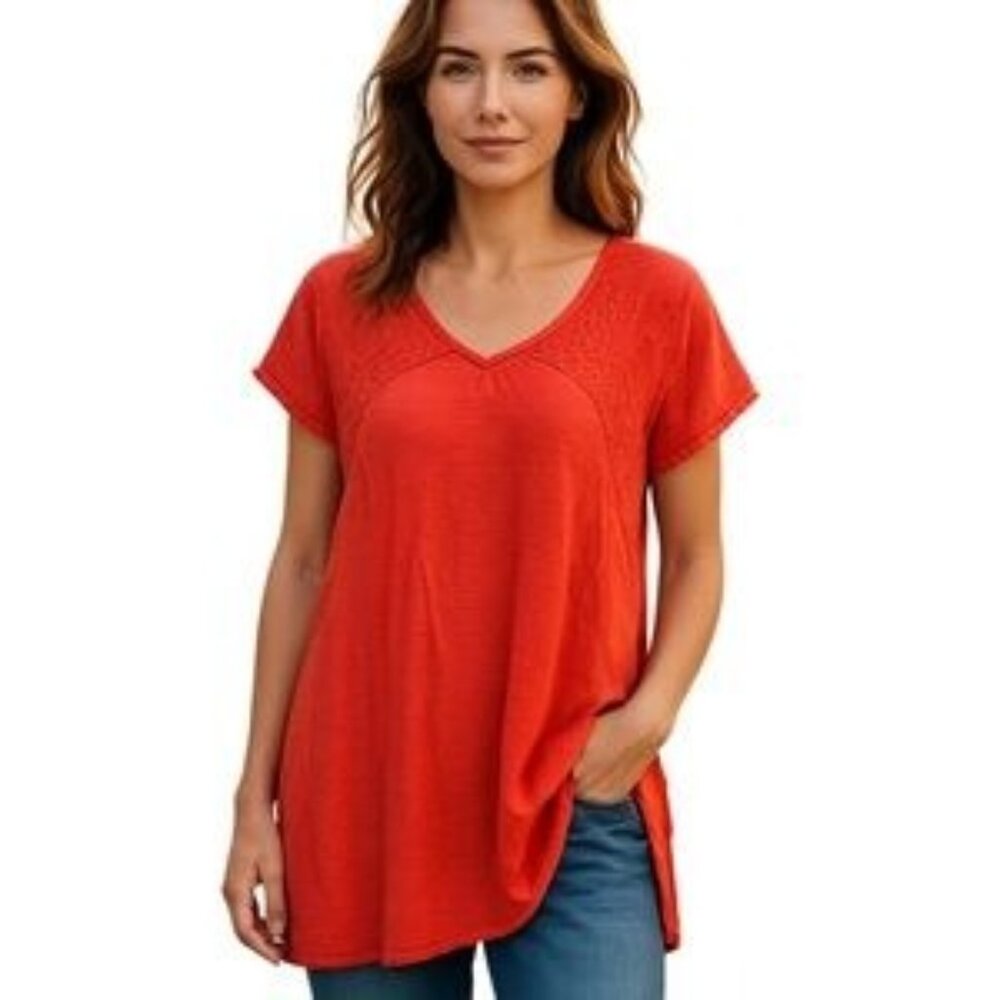 Knox Rose Womens Red V-Neck Short Sleeve Top W/ Lace Detail XXL Soft & Lightweig